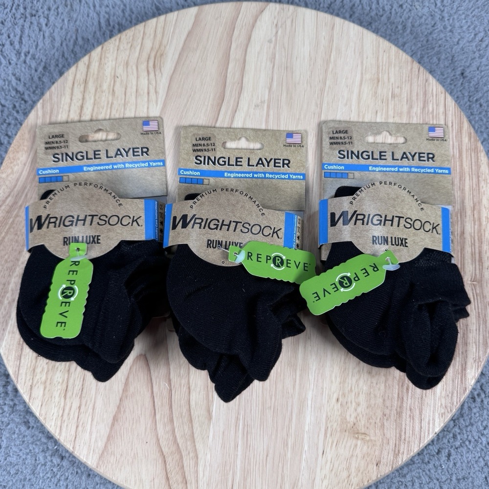 Wrightsock Run Luxe Large M 8.5-12 W 9.5-11 Black Cushion Single Layer 3 Pairs